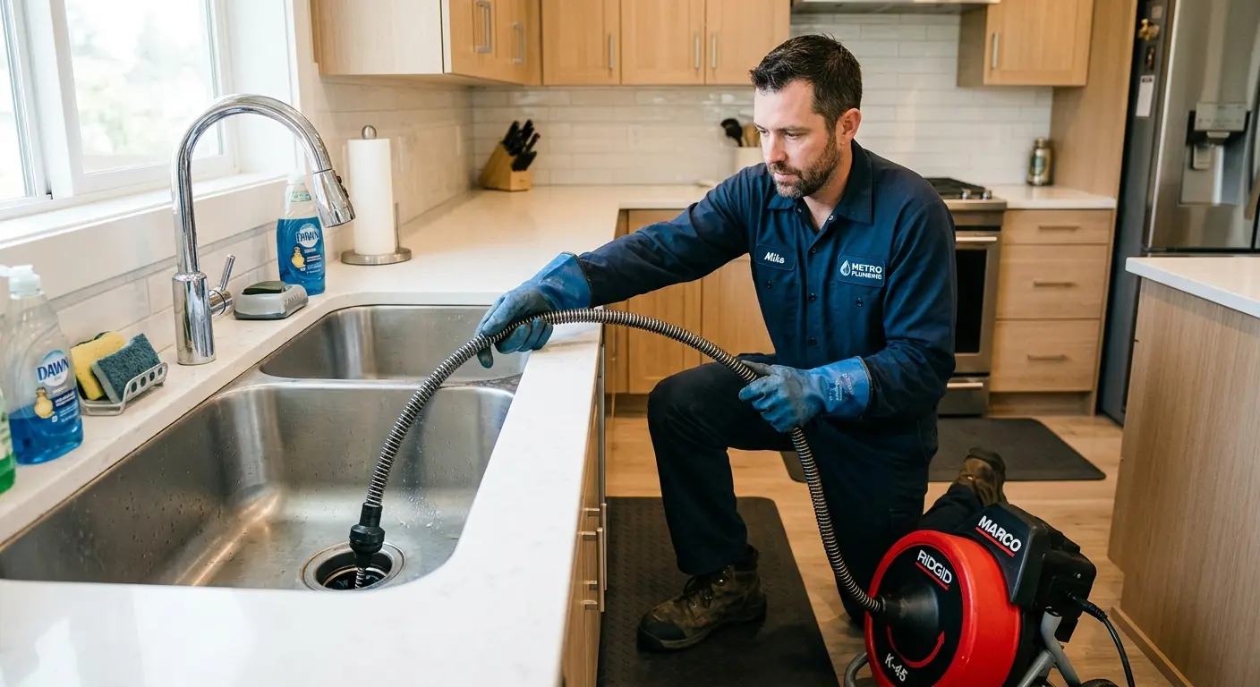 Drain cleaning technician using a motorized snake on a kitchen sink in West Hazleton