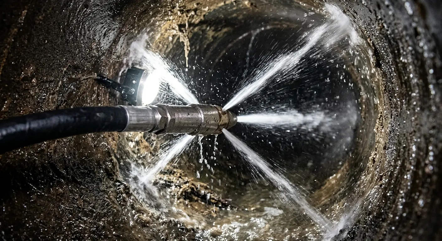 High-pressure hydro jetting nozzle cleaning sewer pipe for Storm Drain Cleaning in West Hazleton