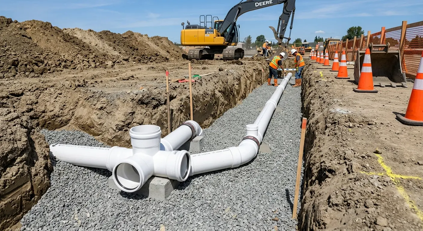 New PVC sewer pipe installation in open trench for Grease Trap Cleaning in West Hazleton