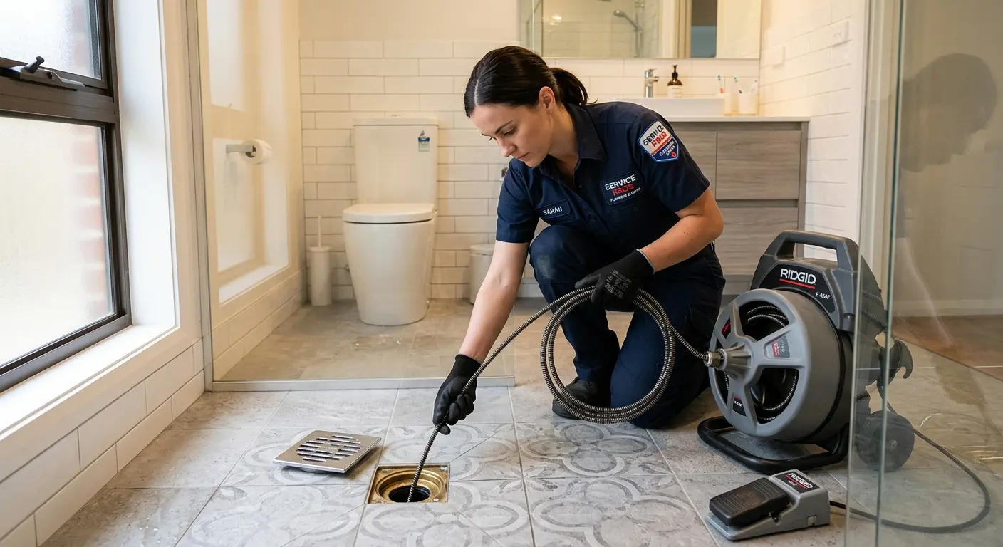 Technician clearing a bathroom floor drain for Hydro Jetting in West Hazleton
